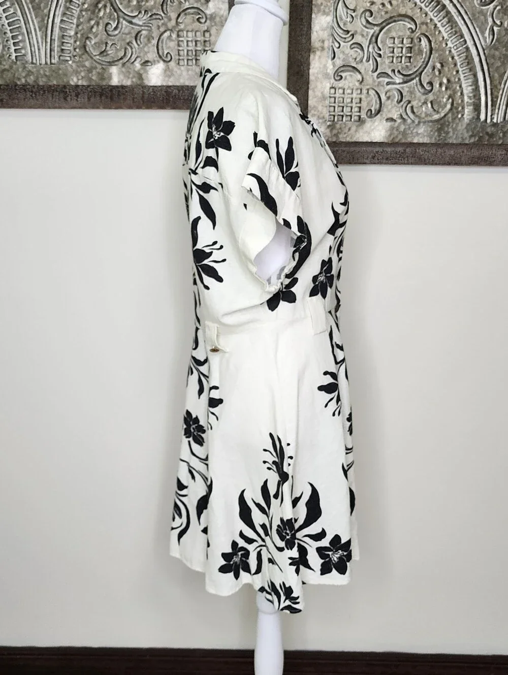 Zara Cream & Black Floral Linen Blend Button-Front Fit-and-Flare Dress Large - Picture 9 of 16